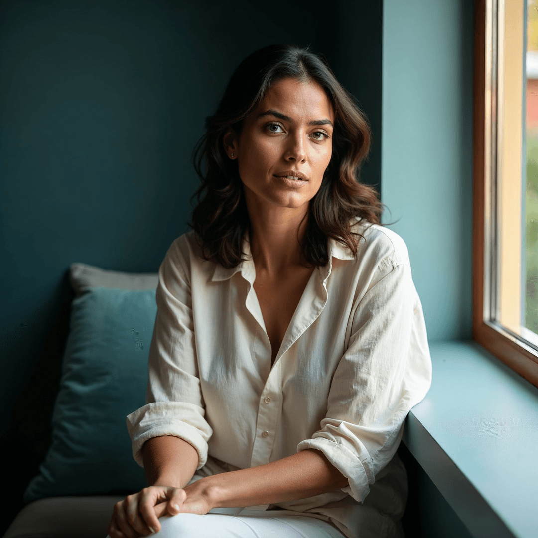 Retrato editorial sereno de mulher jovem em luz suave, representando o tema síndrome dos ovários policísticos