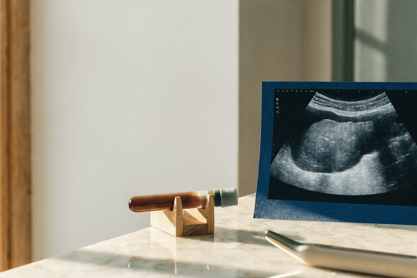 Ultrassom abdominal do fígado ao lado de um tubo de sangue e um transdutor de ultrassom · avaliação do fígado gorduroso metabólico