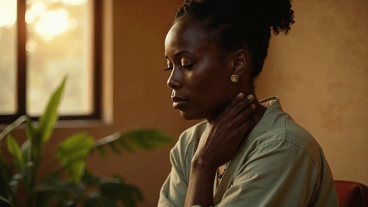Mãos de mulher negra do Recôncavo segurando painel de tireoide com TSH e Anti-TPO ao lado de ultrassom · investigação de Hashimoto