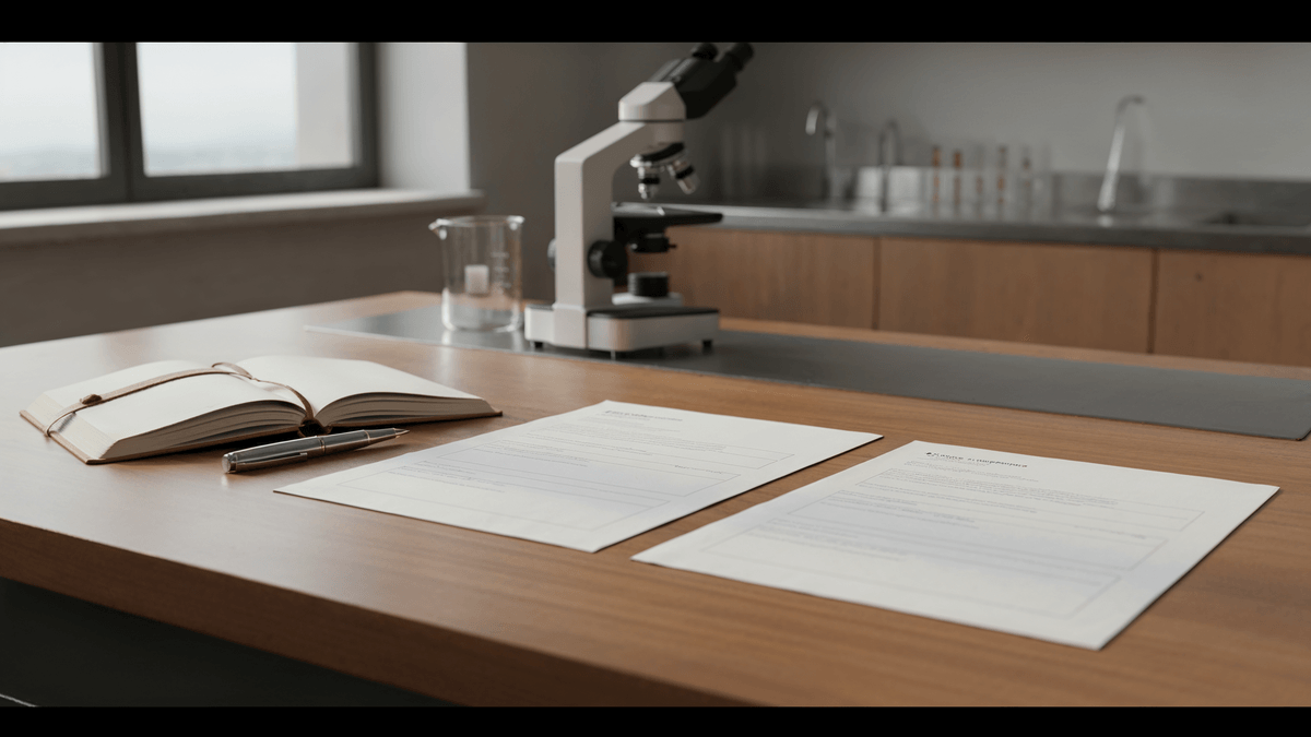 Relatório de painel C+Lab com biomarcadores avançados, tubo de sangue, caneta e notebook sobre mesa